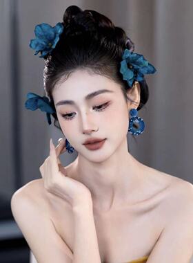 长海蓝色月明复古花朵发夹侧边中式仿真花发卡海边拍照出片神器