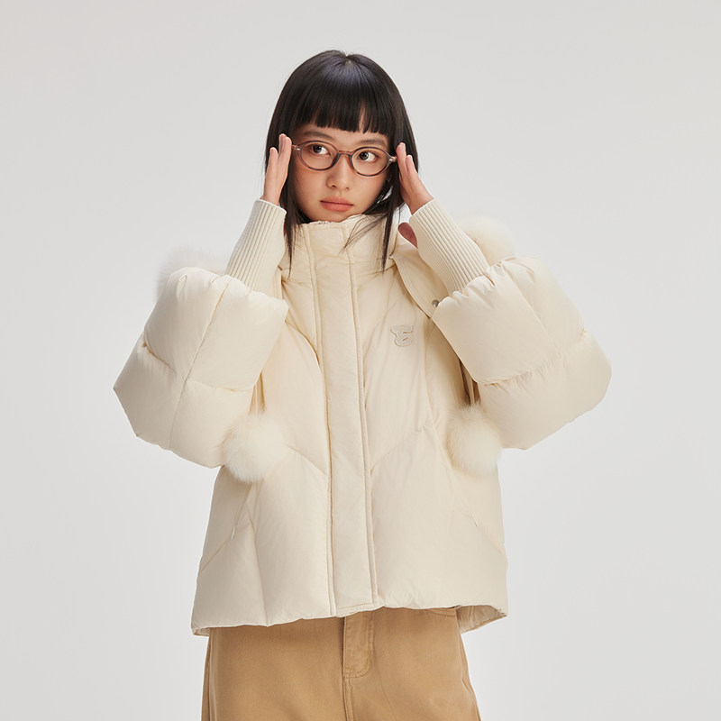 艾莱依短款羽绒服女柔美毛球甜美狐狸毛领东方简奢风加厚潮流外套 方甜实拍商品图