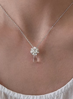 LLG银镀花簇项链水滴水晶清冷女