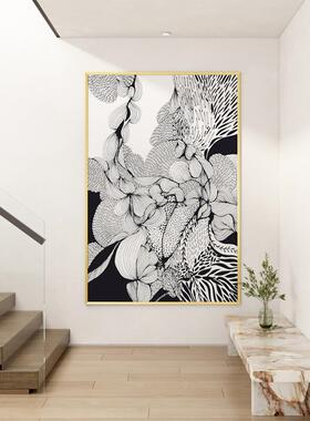 黑白抽象艺术装饰画现代简约花客厅入口背景墙壁画餐厅走廊挂画