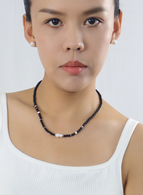 MANBERYL漫宝琳黑色玛瑙项链女简约百搭珍珠锁骨链气质秋冬毛衣链