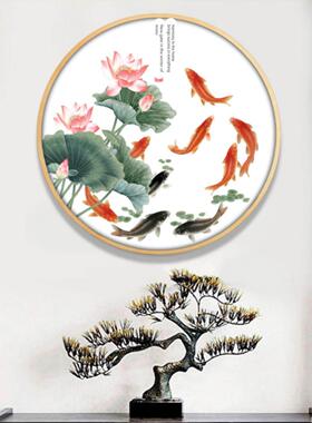 新中式鱼图玄关装饰画走廊客厅圆形挂画荷花鲤鱼餐厅背景墙壁画