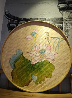 可定制手工竹簸箕手绘餐厅农家乐墙面装饰挂画荷花画册