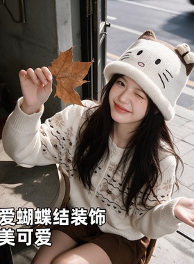 日系猫咪保暖护耳针织帽显脸小