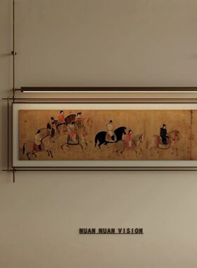 中古风金属杆竖版装饰画玄关走廊过道挂画带灯酒店餐厅壁画灯墙饰
