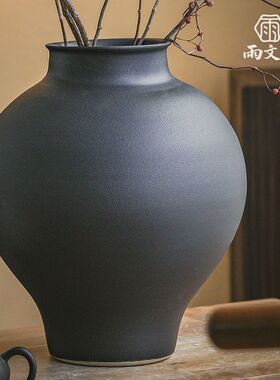 侘寂风复古黑色陶瓷花瓶客厅插花高级感陶罐民宿茶室玄关装饰摆件