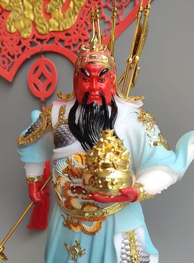 唐彩汉白玉关公佛九龙提刀关二爷像文武财神像菩萨工艺品摆件
