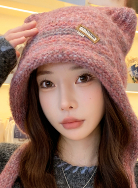 可爱猫耳朵针织毛线帽女冬