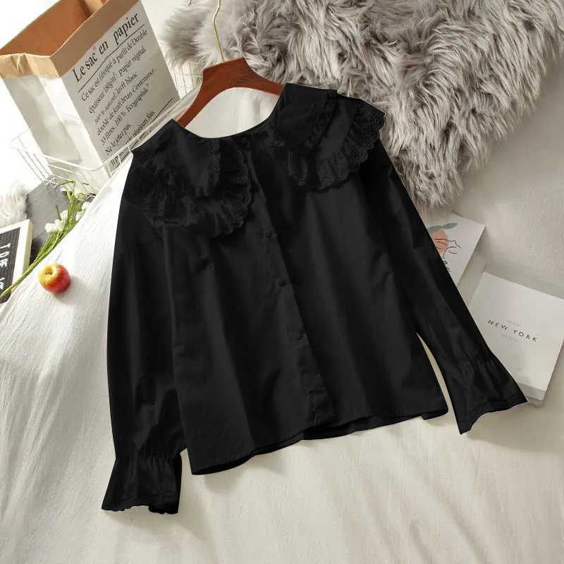 法式复古娃娃领白色衬衫女春秋季减龄时尚别致上衣内搭长袖衬衣潮,淘宝优惠券,粉丝福利购,淘宝优惠卷