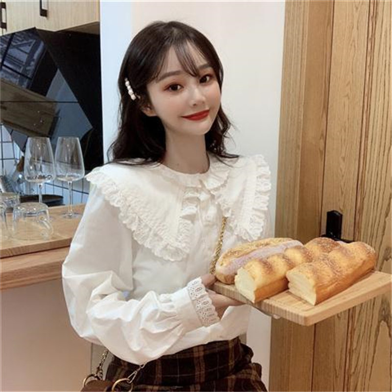 休闲蕾丝娃娃领长袖衬衫女春秋新款法式复古高级设计感泡泡袖上衣,淘宝优惠券,粉丝福利购,淘宝优惠卷