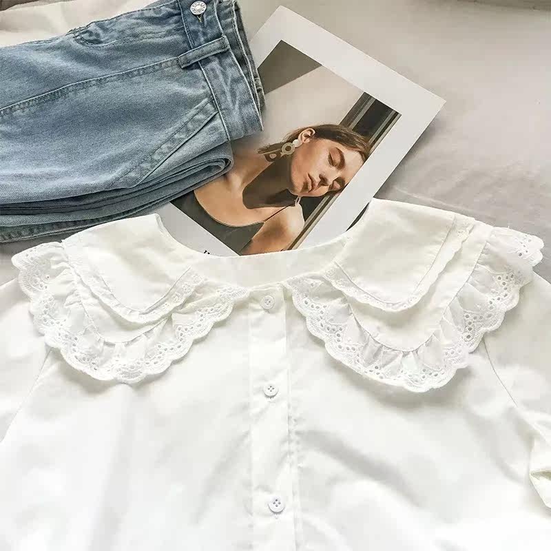 法式复古娃娃领白色衬衫女春秋季减龄时尚别致上衣内搭长袖衬衣潮,淘宝优惠券,粉丝福利购,淘宝优惠卷