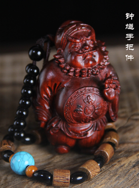 小叶紫檀木雕纳福钟馗手把件摆件