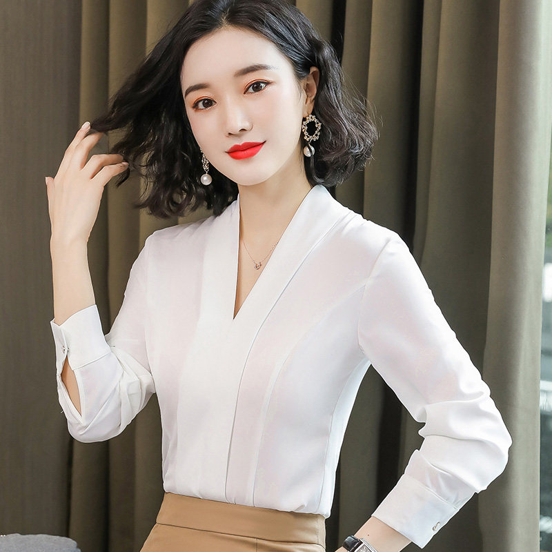 白色雪纺女播音主持人v领西服衬衫 怡情姿衬衫