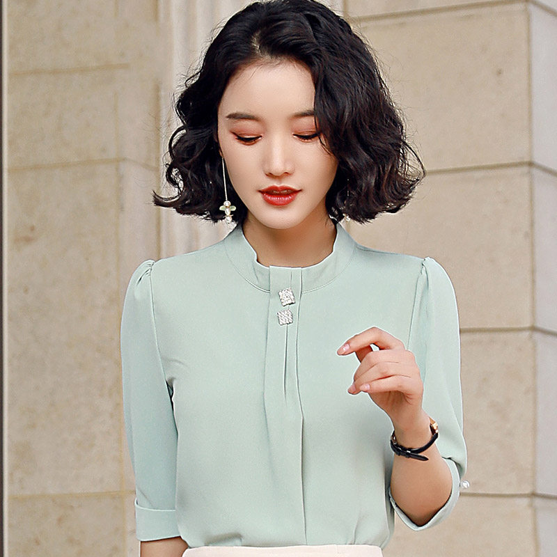 果绿七分袖韩版气质圆领雪纺衫衬衫 怡情姿衬衫