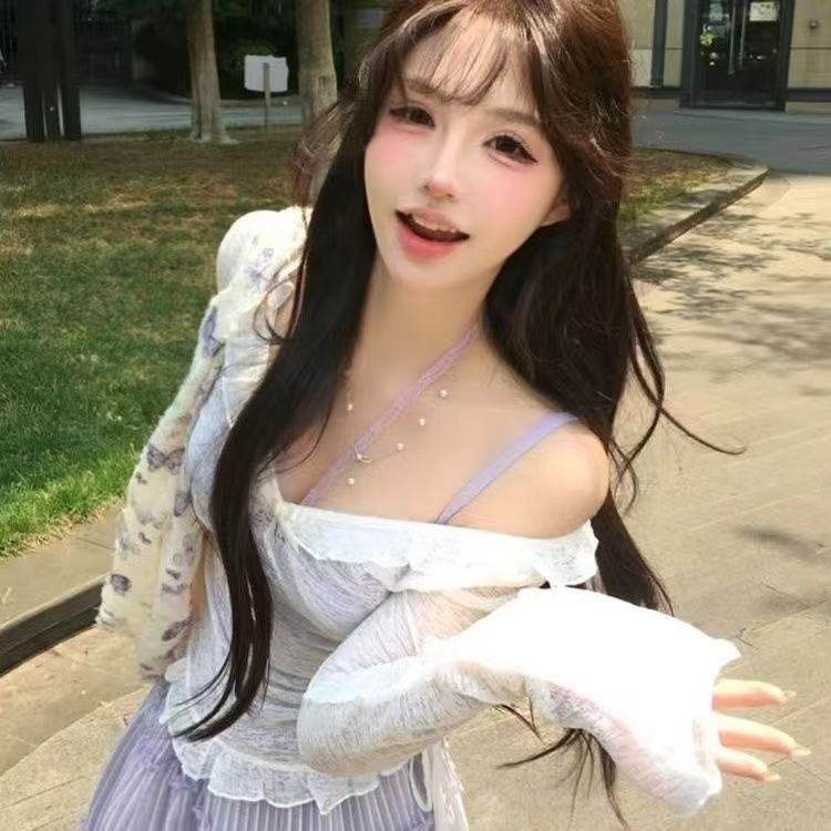 夏季新款甜美温柔风紫色吊带背心设计感防晒罩衫高腰半身裙套装女,淘宝优惠券,粉丝福利购,淘宝优惠卷