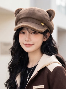 秋冬毛绒猫耳报童帽女显脸小