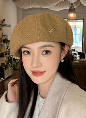 复古爱心灰色贝雷帽女秋冬显脸小