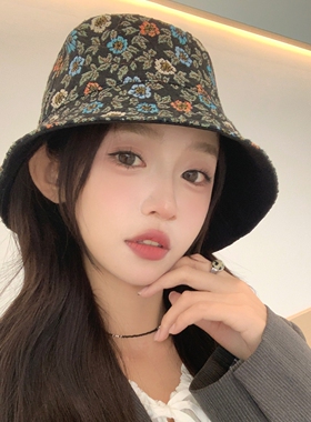 春秋女小碎花双面可戴渔夫帽