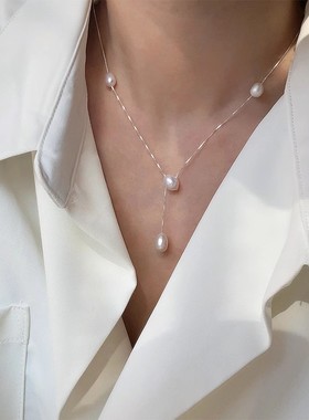 s925银巴珍珠项链女米粒y字