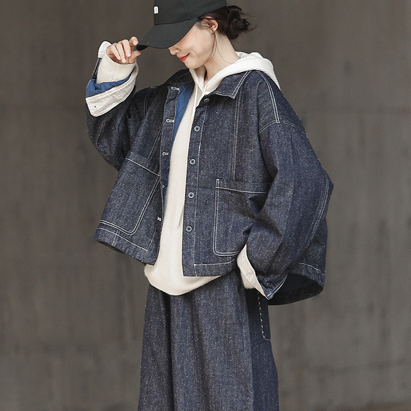 重工100%斜纹棉 复古POLO领夹棉牛仔外套女宽松 日系短款棉衣棉服,淘宝优惠券,粉丝福利购,淘宝优惠卷