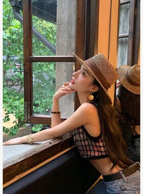 手工编织草帽女美式复古镂空遮阳