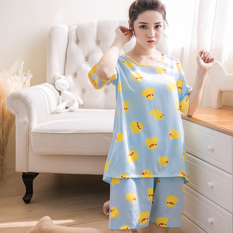 薄款睡衣女士夏季短袖套装青年大码短裤棉绸家居服绵绸中裤人造棉 薄款睡衣女士夏季短袖套装青年大码短裤棉绸家居服绵绸中裤人造棉