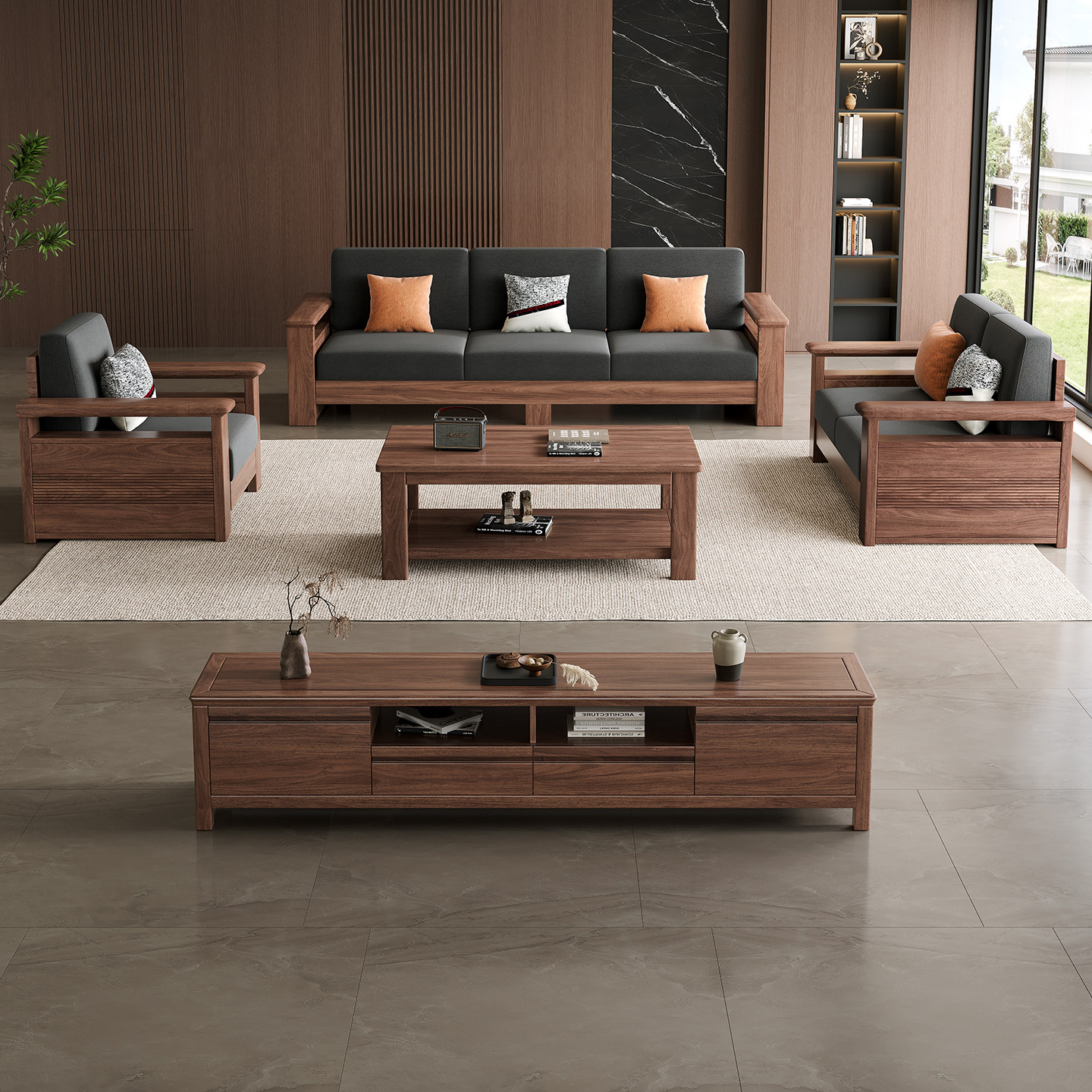 宋氏美学北美黑胡桃实木沙发客厅直排L型转角沙发布艺组合家具