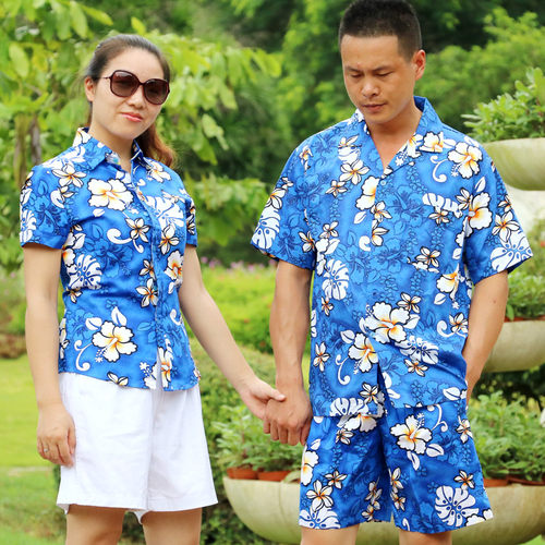 海南岛服沙滩服衬衫夏威夷短袖衬衫男女三亚旅游衣服情侣宽松套装 - 图1