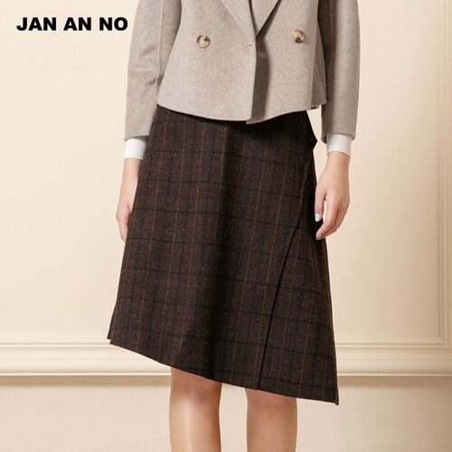 JAN AN NO简爱诺冬季深咖格纹羊毛不规则A摆半身裙J2060058DQ - 图2