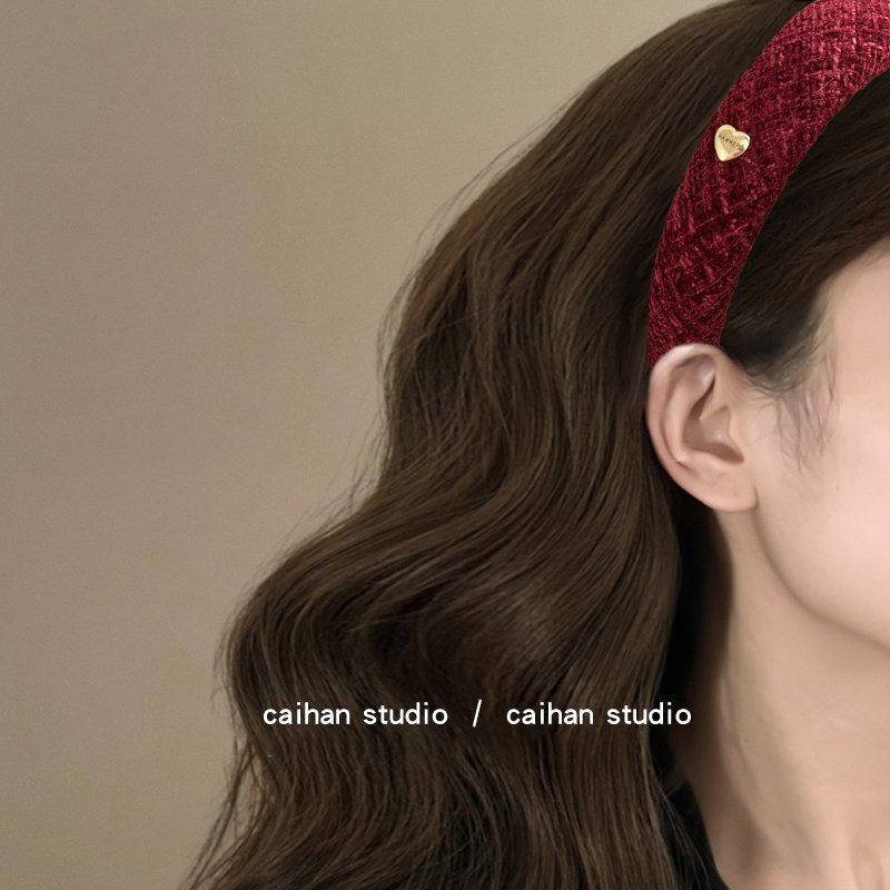 馥郁酒红！爱心金标发箍！复古格纹头箍女外出高颅顶发卡旅行发饰,淘宝优惠券,粉丝福利购,淘宝优惠卷