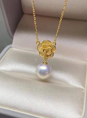 天然淡水珍珠吊坠6A钻石光爱迪生玫瑰花S925银一体链12-13mm高货