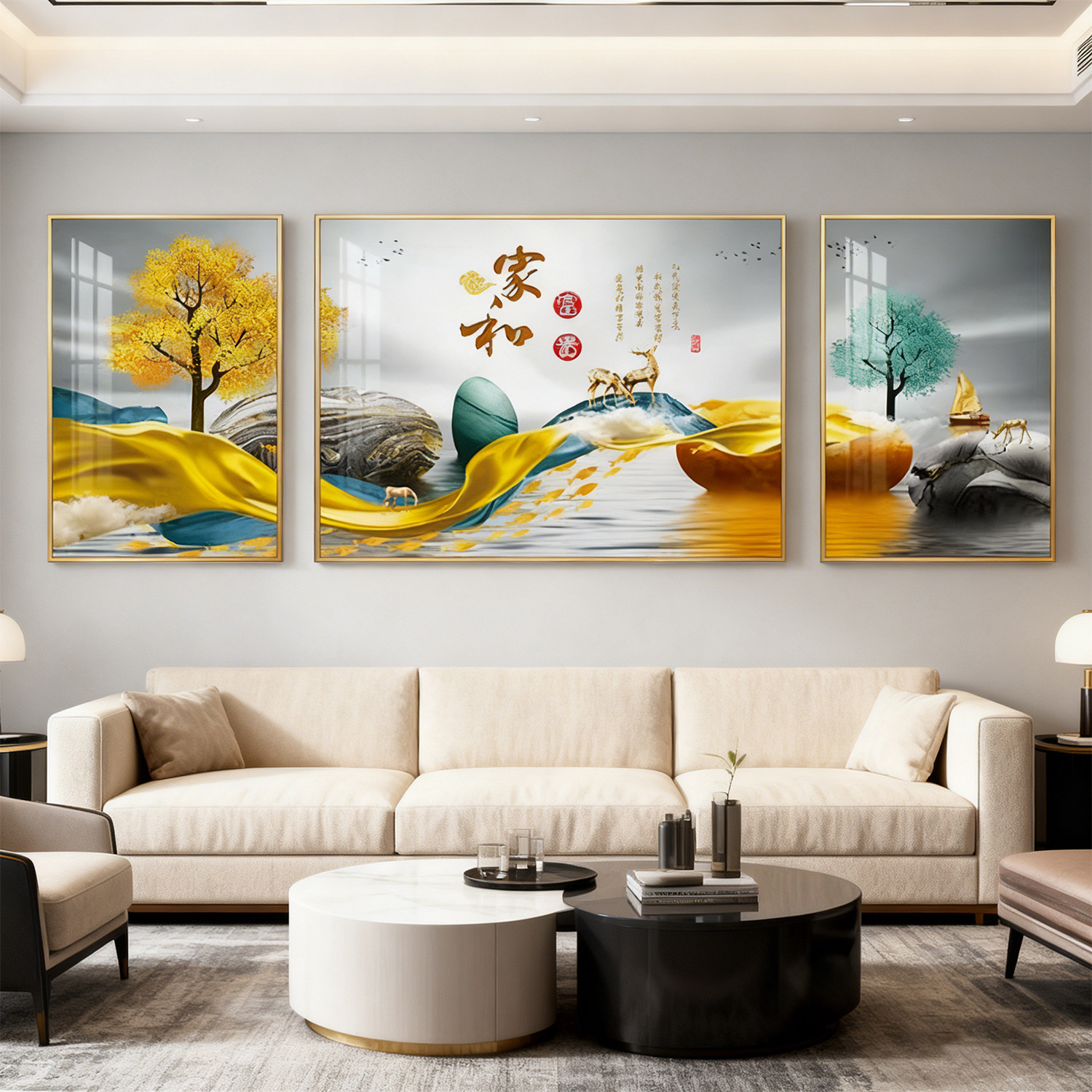 现代简约客厅装饰画沙发背景墙挂画新款大气壁画三联画轻奢晶瓷画,淘宝优惠券,粉丝福利购,淘宝优惠卷