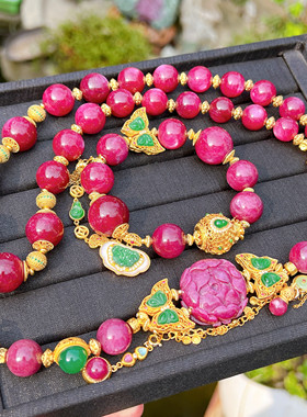 新品收藏级原创设计天然红宝石翡翠项链银镀金配件流苏复古个性