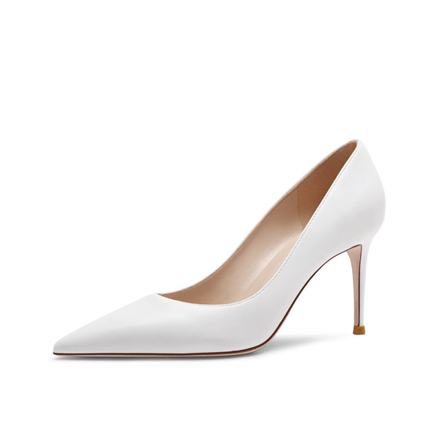 All-match white pointed leather high heels