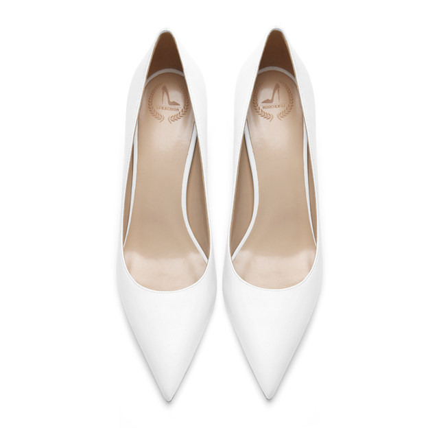 All-match white pointed leather high heels