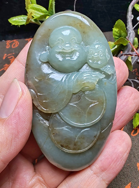 新疆和田玉且末蓝调糖玉弥勒佛童子荷叶手把件男女国风佛引福来