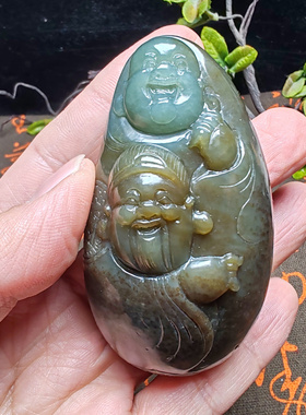 新疆和田玉且末蓝调糖玉佛财神手把件苏工精品男女国风财福双至
