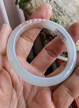 烟灰色和田玉雕花描金手镯53mm+