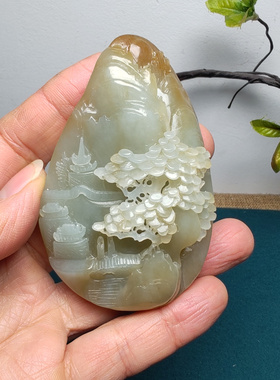 新疆和田玉且末糖青白玉山水意境手把件苏工精品男女国风宁静致远