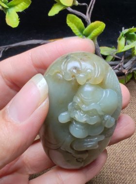 罗汉手把件和田玉且末蓝调糖玉