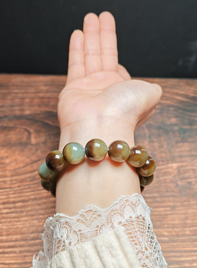 和田玉且末糖青白14mm聚宝盆手串