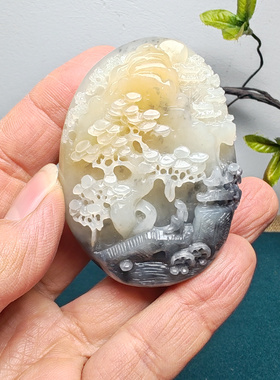 新疆和田玉青花糖青白玉山水手把件三色苏工精雕男女国风宁静致远