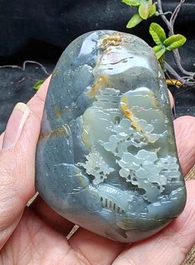 新疆和田玉籽玉青花墨玉山水意境手把件苏工精雕男女国风宁静致远