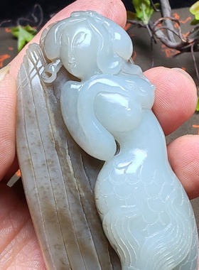 和田玉糖白玉美女美人鱼苏工精雕油润设计手把件男女国风遇贵人