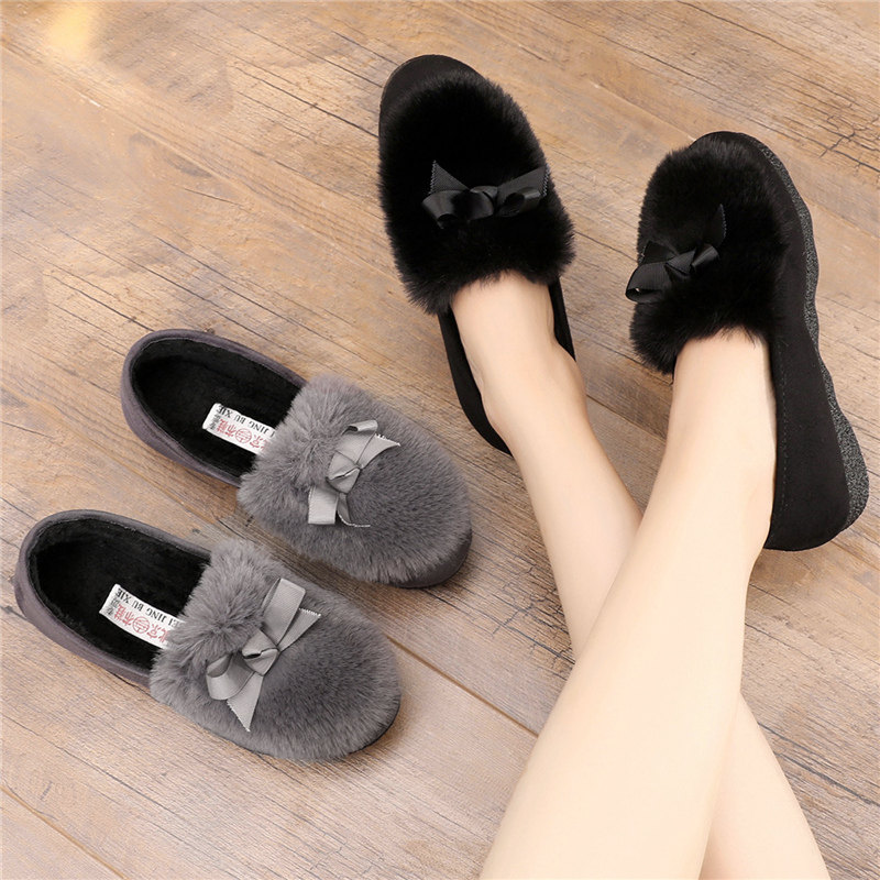 毛毛鞋女秋冬外穿豆豆鞋女韩版百搭平底蝴蝶结一脚蹬加绒孕妇棉鞋,淘宝优惠券,粉丝福利购,淘宝优惠卷