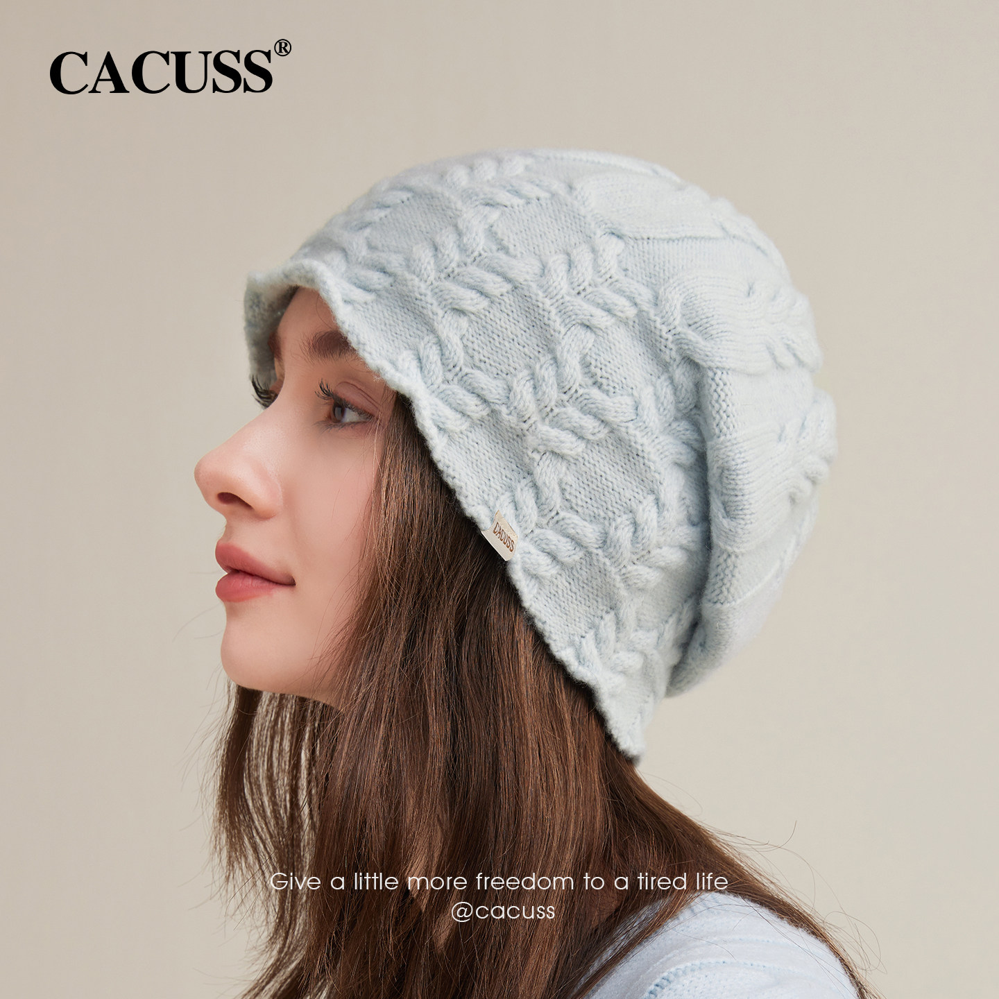 CACUSS纯羊毛帽子女士冬季绞花针织帽保暖显脸小毛线帽护耳堆堆帽,淘宝优惠券,粉丝福利购,淘宝优惠卷