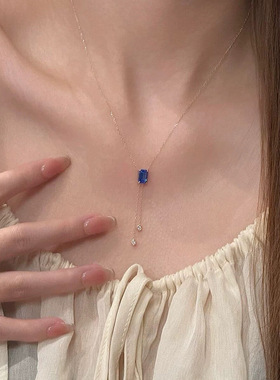 PURE宝石蓝方钻吊坠项链女轻奢高级感小众设计泡泡钻锁骨链度假风