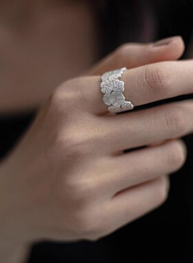 PURE新中式浮萍花瓣戒指女老银色做旧古典旗袍汉服配饰开口食指戒