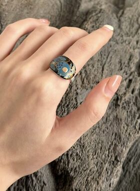 PURE新中式黑漆描金石榴花戒指女仿点翠大漆古典手绘清冷食指戒