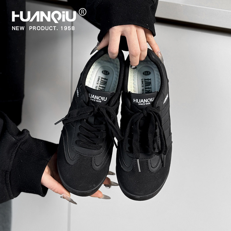 环球黑色德训鞋女2025秋季新款复古百搭运动平底板鞋休闲小黑鞋子,淘宝优惠券,粉丝福利购,淘宝优惠卷